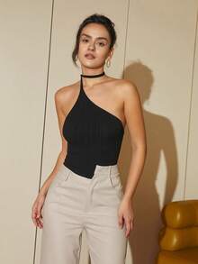 Solid One Shoulder Knit Top - Black - View 5