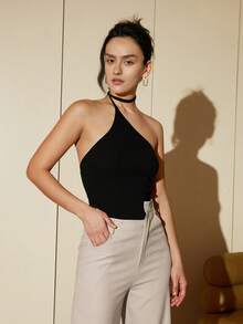 Solid One Shoulder Knit Top - Black - View 6