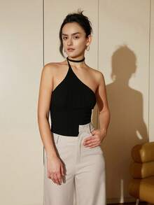 Solid One Shoulder Knit Top - Black - View 8