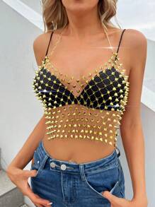 Top árnes tachuela transparente de espalda abierta halter sin sujetador - Dorado - Ver 3