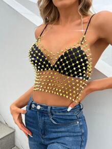 Top árnes tachuela transparente de espalda abierta halter sin sujetador - Dorado - Ver 5