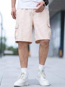 Manfinity EMRG Men Cotton Flap Pocket Side Drawstring Waist Cargo Denim Shorts - Khaki - View 5