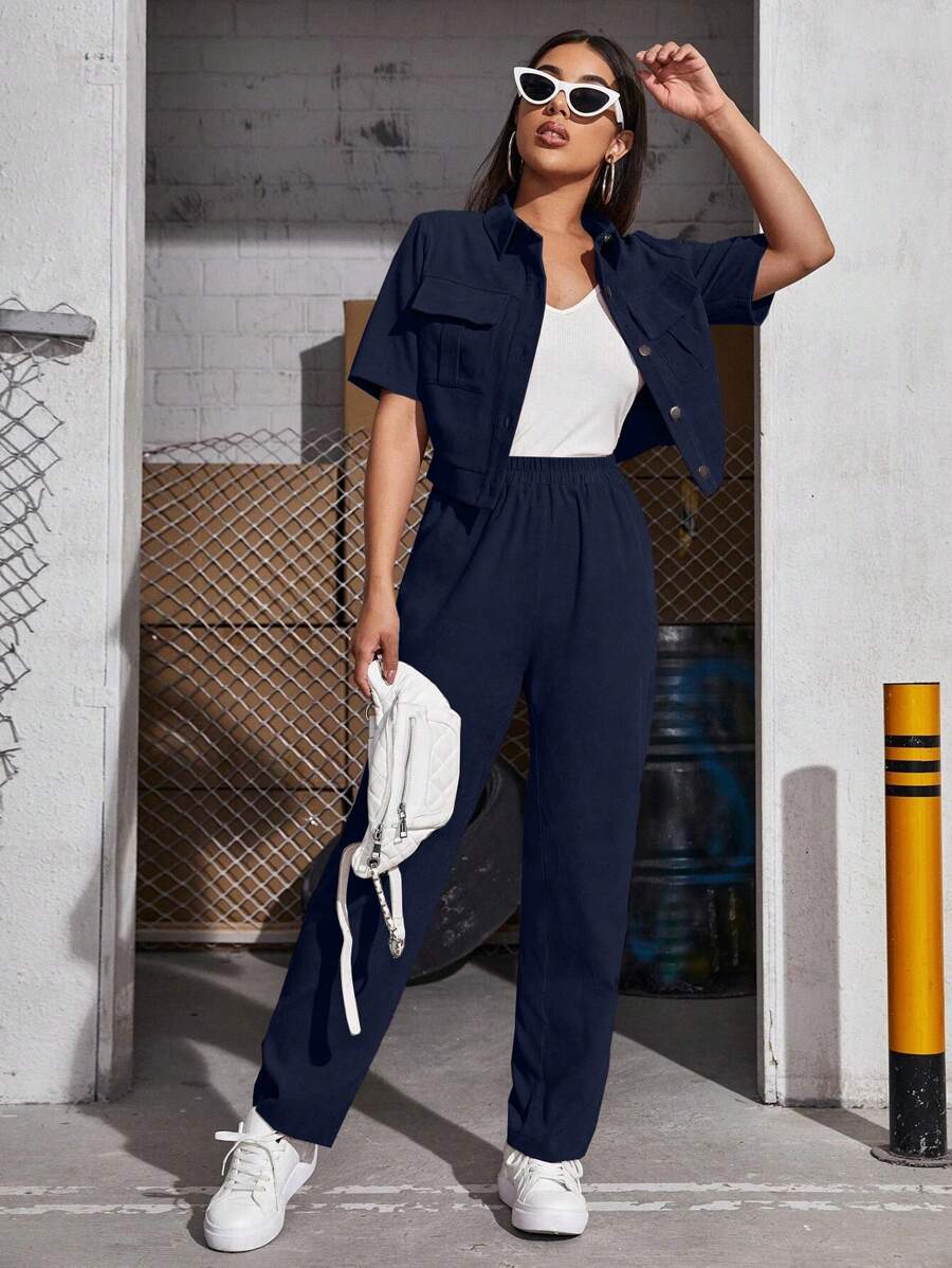 Seusyu 翻盖细节衬衫和裤子 2 件套 - 寶藍色 - 查看 1