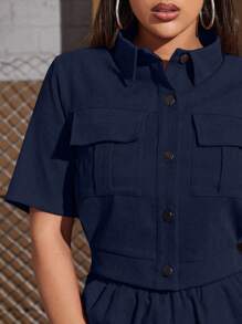 Seusyu 翻盖细节衬衫和裤子 2 件套 - 寶藍色 - 查看 4