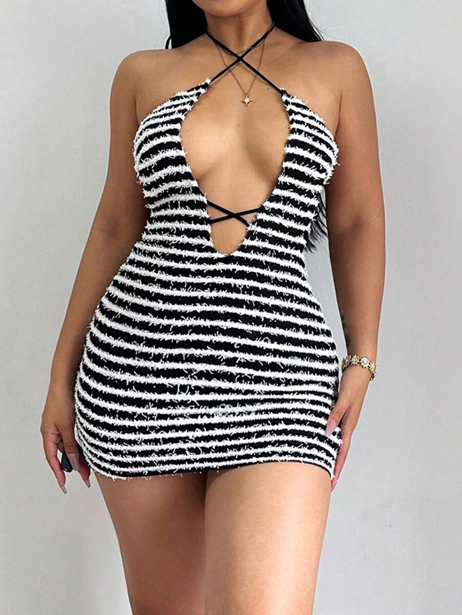 Đầm Lộ Lưng Hội Chữ thập Buộc lại Sọc Gợi cảm - màu đen - Xem 1