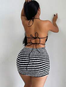 Đầm Lộ Lưng Hội Chữ thập Buộc lại Sọc Gợi cảm - màu đen - Xem 2