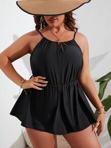 SHEIN Swim Curve Plus Size Solid Cutout Tankini Summer Beach - Black - View 1