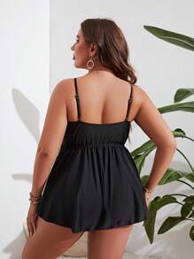 SHEIN Swim Curve Plus Size Solid Cutout Tankini Summer Beach - Black - View 2