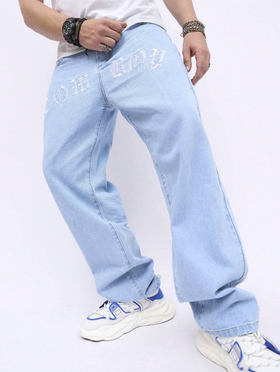 Manfinity Hypemode Loose Men's Letter Printed Baggy Jeans - Light Wash - View 1