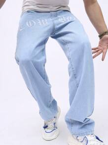 Manfinity Hypemode Loose Men's Letter Printed Baggy Jeans - Light Wash - View 3