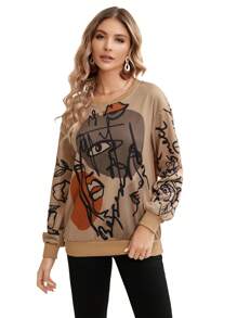 Muchica Flower And Figure Graphic Drop Shoulder Pullover - Brown - View 1