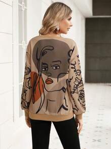 Muchica Flower And Figure Graphic Drop Shoulder Pullover - Brown - View 2