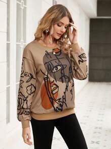 Muchica Flower And Figure Graphic Drop Shoulder Pullover - Brown - View 3