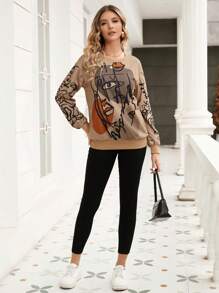 Muchica Flower And Figure Graphic Drop Shoulder Pullover - Brown - View 6
