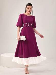 Modelyn Colorblock Puff Sleeve Ruffle Hem Dress - Purple - View 1