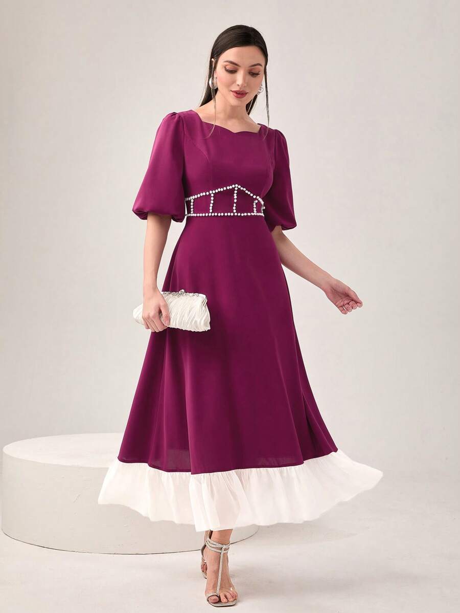 Modelyn Colorblock Puff Sleeve Ruffle Hem Dress - Purple - View 1
