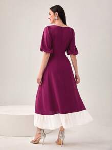 Modelyn Colorblock Puff Sleeve Ruffle Hem Dress - Purple - View 2