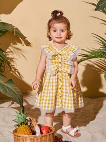 SHEIN Baby Gingham Print Ruffle Trim Button Front Dress - Multicolor - View 3