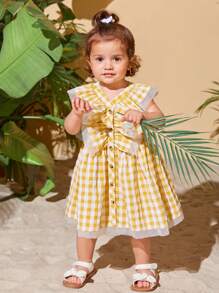 SHEIN Baby Gingham Print Ruffle Trim Button Front Dress - Multicolor - View 5