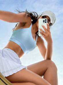 SHEIN Yoga Trendy Áo lót thể thao Nữ Lộ Lưng Cắt ra màu trơn - Màu xanh nhạt - Xem 2