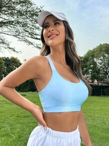 SHEIN Yoga Trendy Áo lót thể thao Nữ Lộ Lưng Cắt ra màu trơn - Màu xanh nhạt - Xem 5