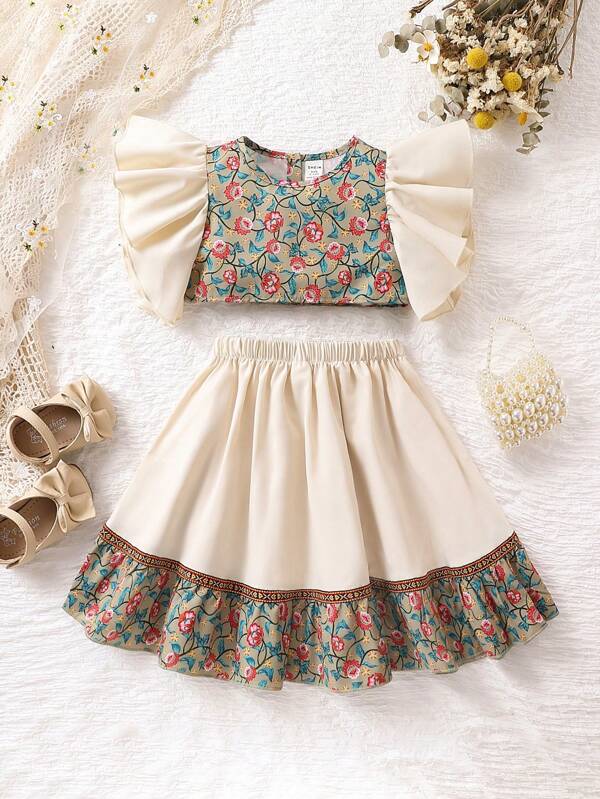 SHEIN Baby Girl Floral Print Ruffle Trim Top & Skirt