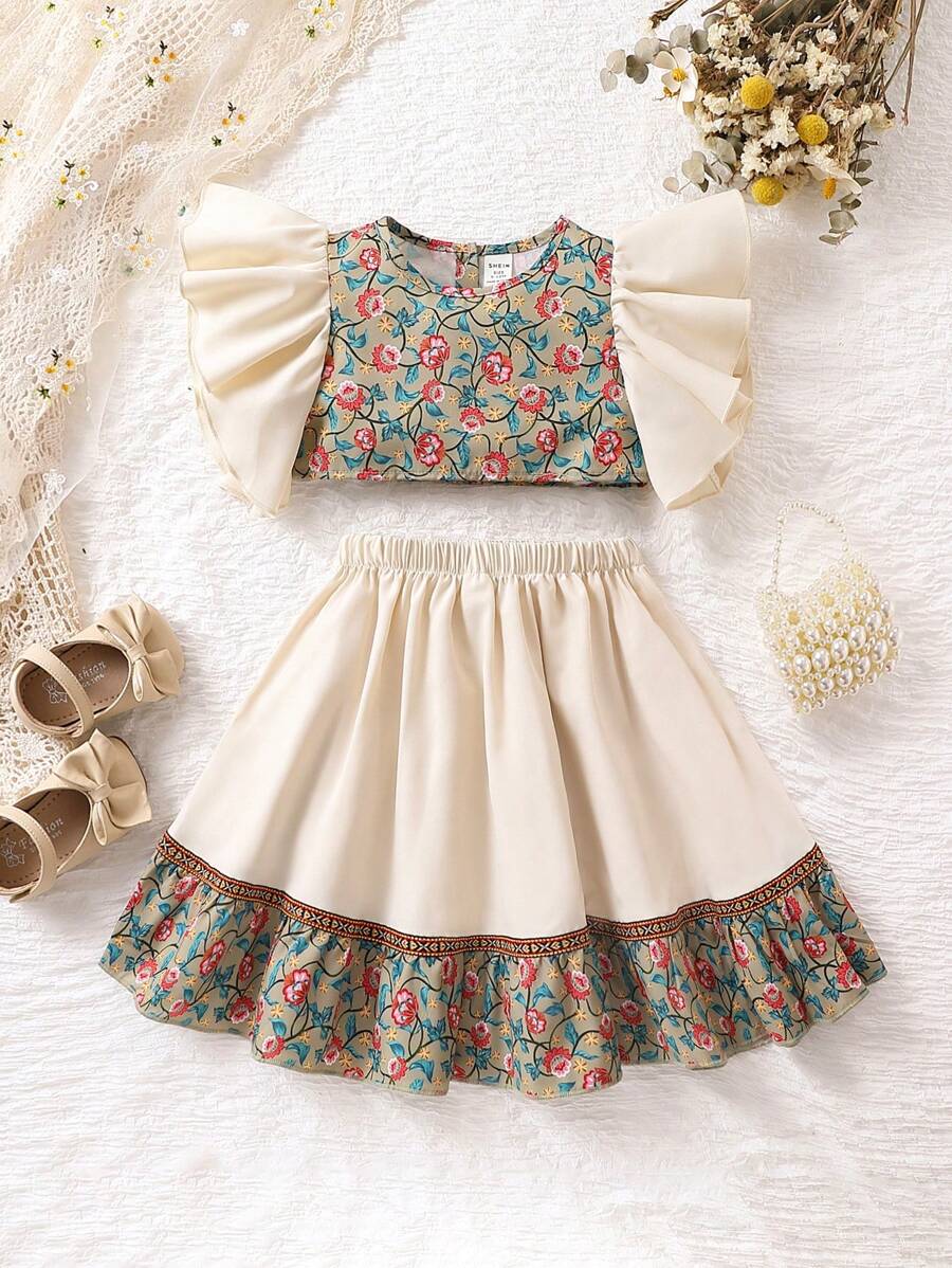SHEIN Baby Girl Floral Print Ruffle Trim Top & Skirt - Multicolor - View 1