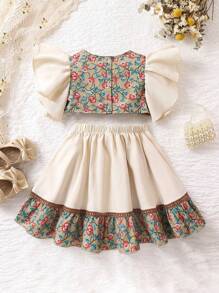 SHEIN Baby Girl Floral Print Ruffle Trim Top & Skirt - Multicolor - View 2