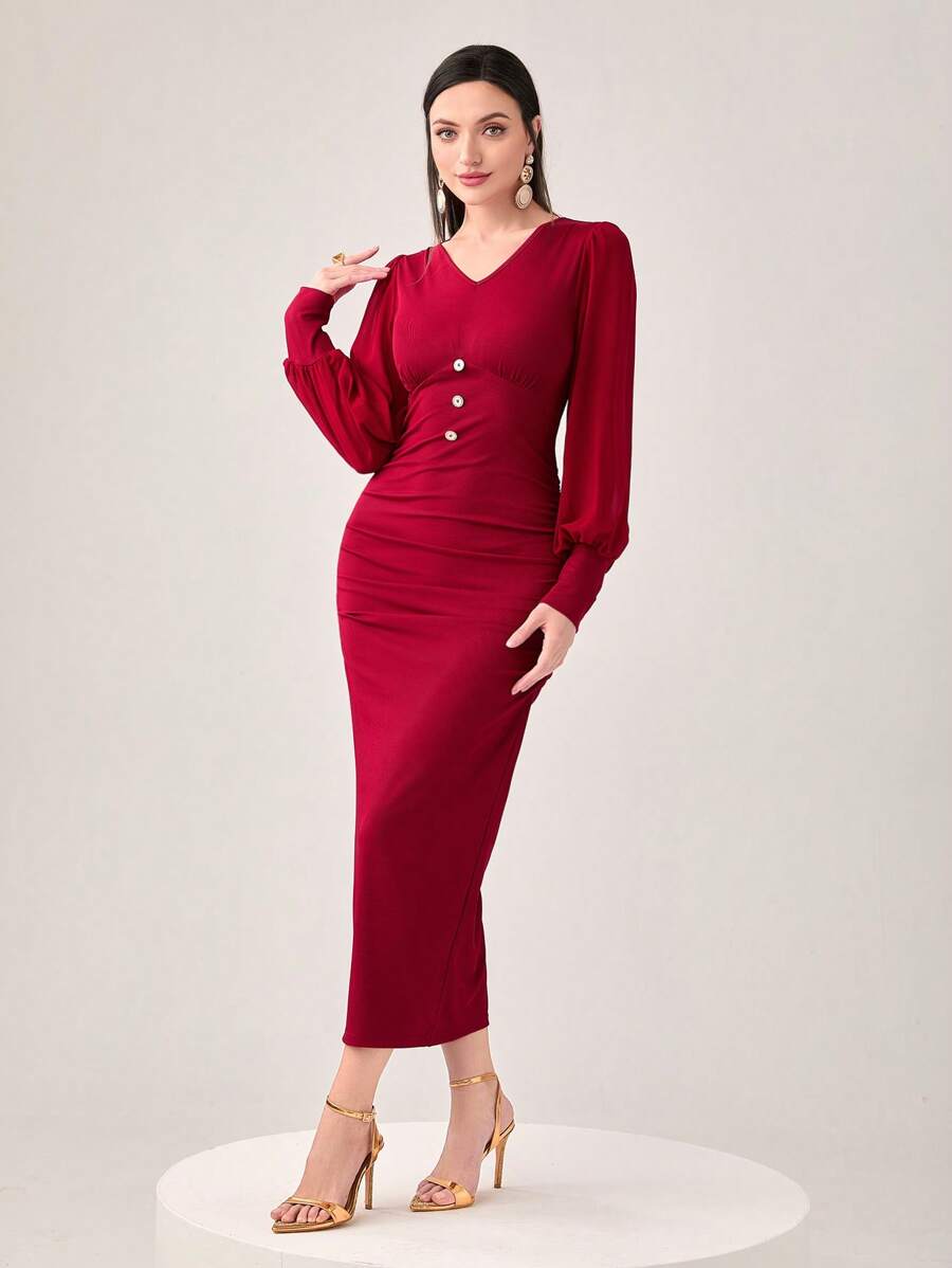 Modelyn Burgundy Red Button Detail Ruched Bodycon Dress