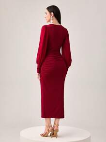 Modelyn Burgundy Red Button Detail Ruched Bodycon Dress