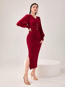 Modelyn Burgundy Red Button Detail Ruched Bodycon Dress