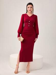 Modelyn Burgundy Red Button Detail Ruched Bodycon Dress
