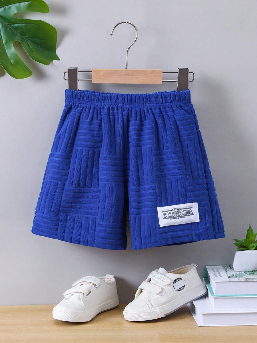 SHEIN 小男童字母補丁細節短褲 - 藍色 - 查看 1