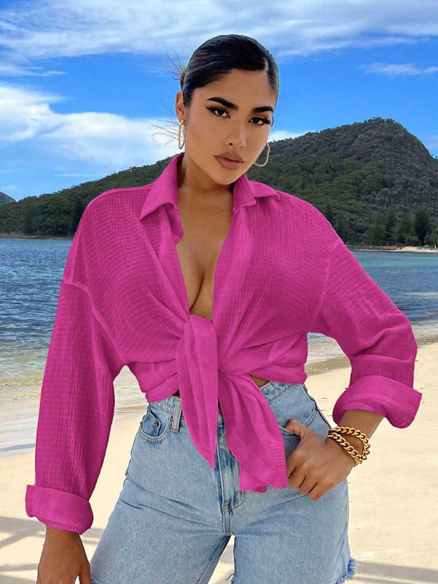 SHEIN SXY 素色落肩袖前繫帶襯衫 - 玫紅色 - 查看 1