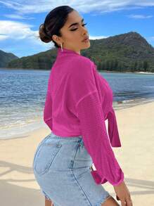 SHEIN SXY 素色落肩袖前繫帶襯衫 - 玫紅色 - 查看 2