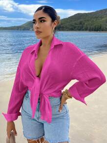 SHEIN SXY 素色落肩袖前繫帶襯衫 - 玫紅色 - 查看 3