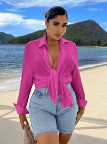 SHEIN SXY 素色落肩袖前繫帶襯衫 - 玫紅色 - 查看 4