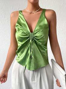 SHEIN Privé Áo khoác và áo lót dành cho xe tăng nữ Dây kéo Xù màu trơn Giải trí - màu xanh lá - Xem 5