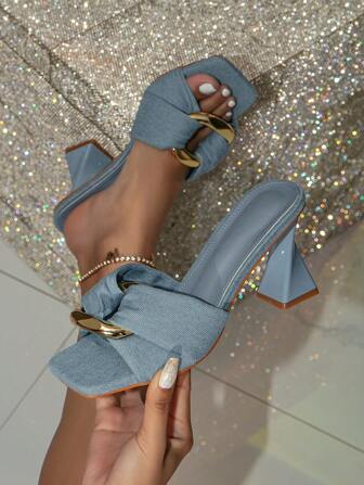 時尚藍色涼鞋適用於女士金屬裝飾高跟穆勒涼鞋