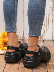 女士厚底镂空一脚蹬凉鞋，户外穿着，防滑，厚底，包头，沙滩，日常通勤，休闲，舒适，一脚蹬 - 黑色 - 查看 4