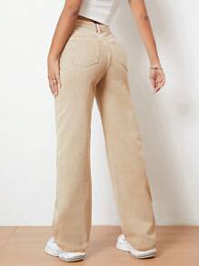 SHEIN EZwear High Waist Straight Leg Jeans - Khaki - View 2