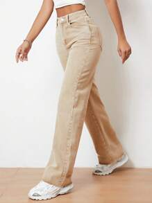 SHEIN EZwear High Waist Straight Leg Jeans - Khaki - View 3