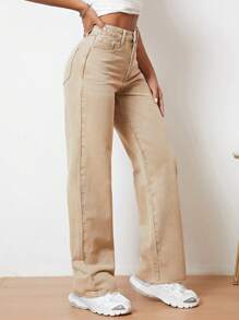 SHEIN EZwear High Waist Straight Leg Jeans - Khaki - View 5