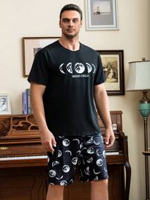 Men Moon & Letter Graphic PJ Set - Black - View 1