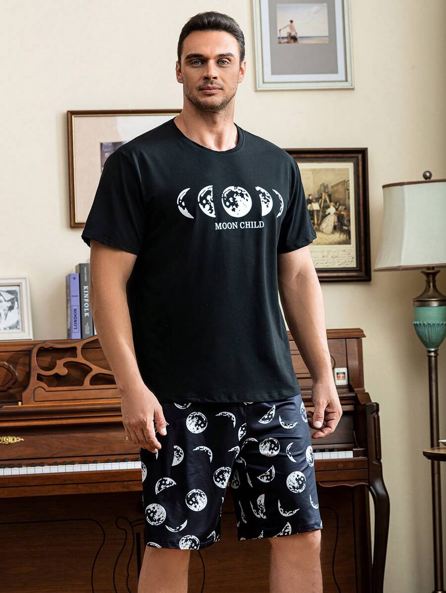 Men Moon & Letter Graphic PJ Set - Black - View 1