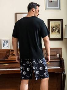 Men Moon & Letter Graphic PJ Set - Black - View 2