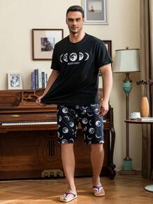 Men Moon & Letter Graphic PJ Set - Black - View 3