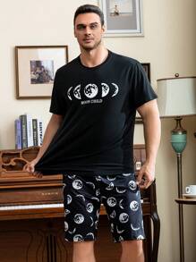 Men Moon & Letter Graphic PJ Set - Black - View 4