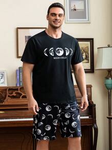 Men Moon & Letter Graphic PJ Set - Black - View 5