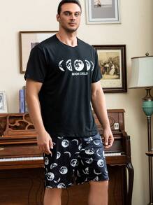 Men Moon & Letter Graphic PJ Set - Black - View 6
